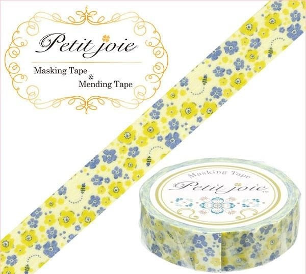 NICHIBAN PETIT JOIE WASHI TAPE, 15mm X 18m, FLOWERES AND BEES YELLOW AND PURPLE